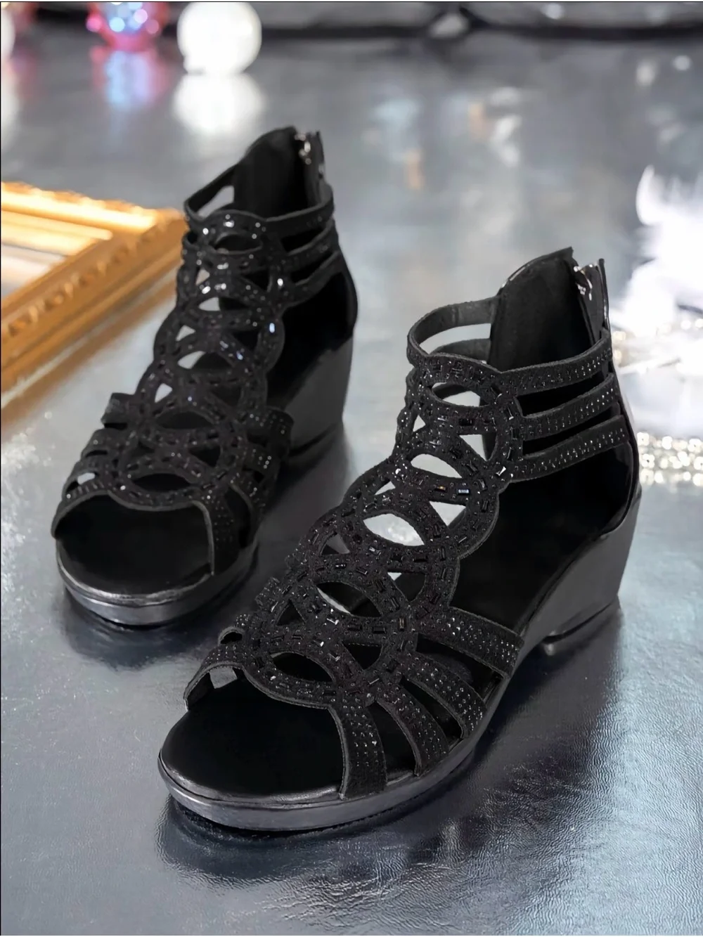 Elegant Black Strappy Wedge Sandals – Women